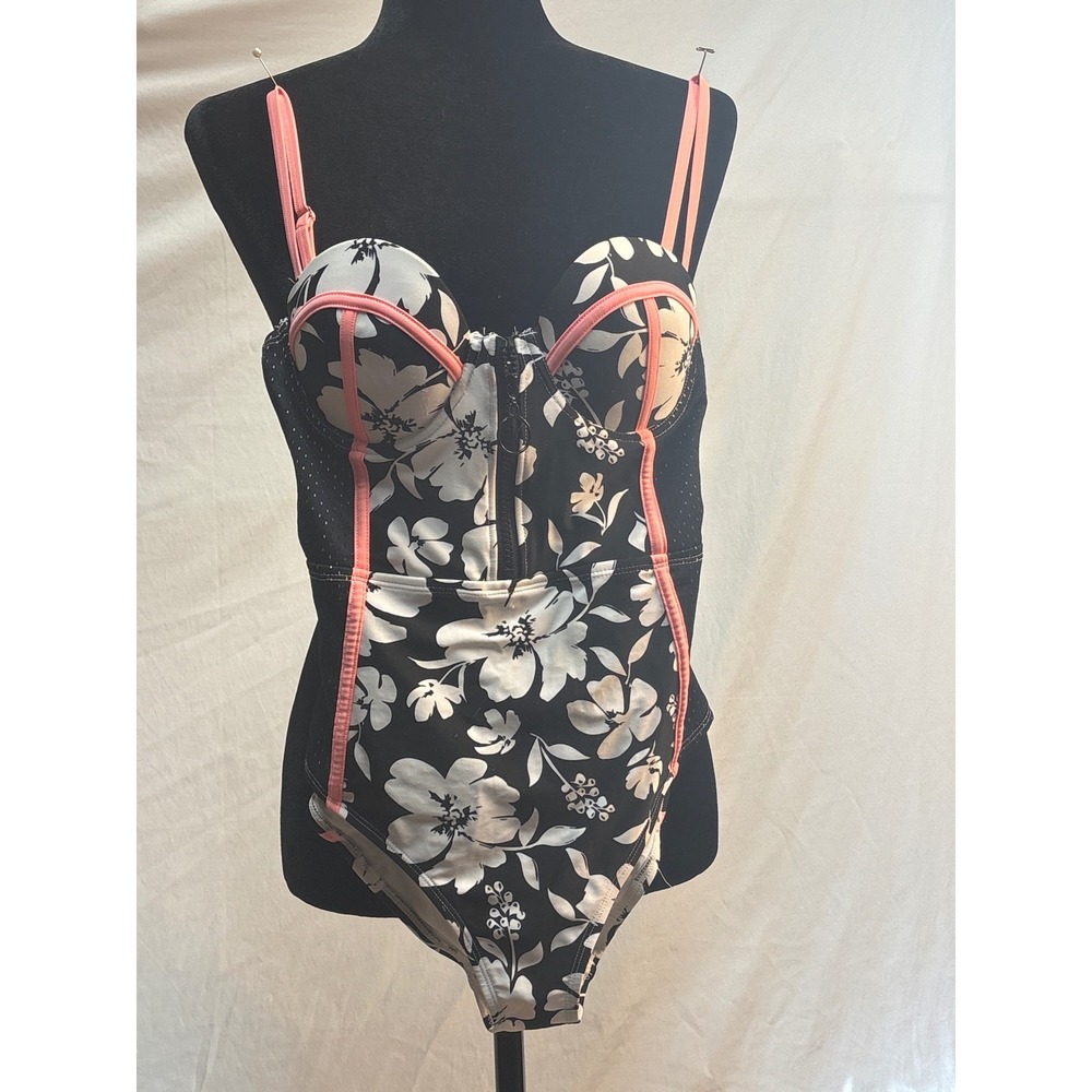 Bongo Floral Bustier One Piece Swimsuit Black White Coral Mesh Zip Front S